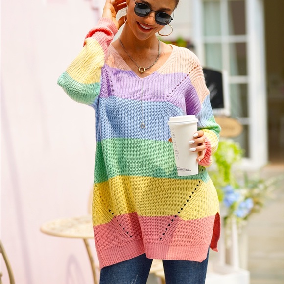 🌈🍁Rainbow Color V Neck Loose Sweater - Picture 3 of 5